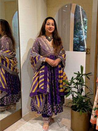 Naseebo Rambha Purple Bandhani Silk Anarkali Suit Set