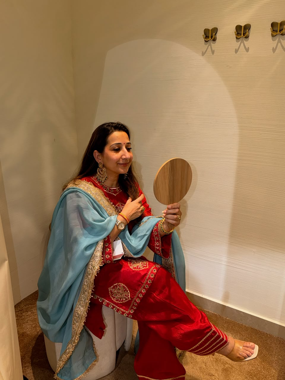 Naseebo Tanaksh Red Embroidered Satin Suit Set with Sky Blue Dupatta