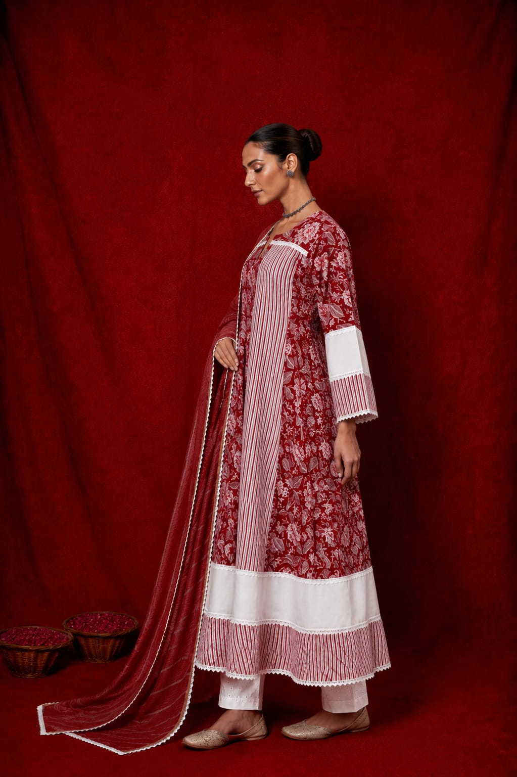 Naseebo Zareen Stripes Block Printed Anarkali Kurta Set