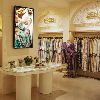 A stylish boutique interior displays colorful clothing on racks, a decorative table with flowers, and a framed image of a woman.
